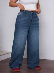 SHEIN EZwear Jeans de verano de mujer de talla grande con bolsillos traseros y diseño bordado, color azul oscuro - Azul lavado oscuro - Ver 6