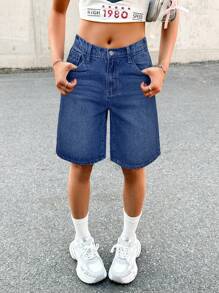 SHEIN Nastolatki Y2K modne ubrania uliczne niebieskie sprane dżinsy luźne workowate szorty bermudy z niskim stanem długie szorty dżinsowe, letni koncert boho wakacje