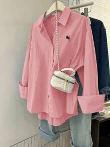 INAWLY Plus Size Women's Casual Long Sleeve Knight Print Single-Breasted Shirt Fall Cloth For Women - Coral Pink - View 1