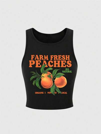 INAWLY Solva Plus Size Women Summer Letter & Fruit Print Casual Tank Top