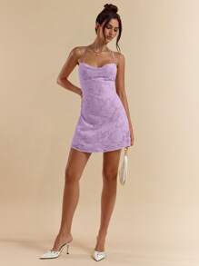 SHEIN BAE 春夏女士纯粉色修身低胸露背吊带纹理溜冰迷你连衣裙 - 紫色 - 查看 5