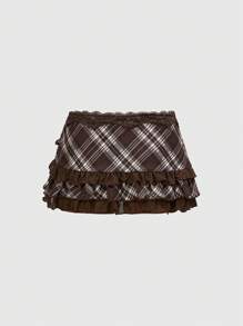 ROMWE Avant Women's Retro College Style Patterned Lace Patchwork Asymmetrical Mini Skirt - Brown - View 2