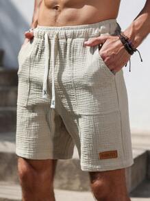 Genlund 男士纹理褶皱口袋棉质短裤，夏季时尚 - 卡其色 - 查看 6