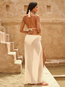 Swim Oasis Conjunto de traje de baño de mujer con falda de volantes decorada con perlas blancas y 3 flores color albaricoque, diseño elegante y casual para la playa - Beis - Ver 3