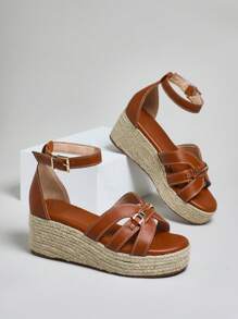 SHUZIA 女式踝带帆布坡跟鞋 - 棕色 - 查看 2