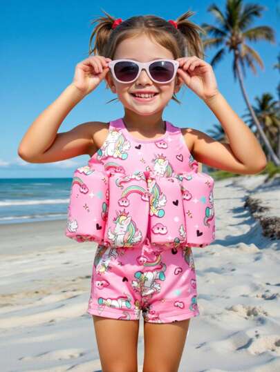 Emery Rose Kids Emery Rose Kids Young Girl Sleeveless Knitted Rainbow Unicorn Print One-Piece Swimsuit