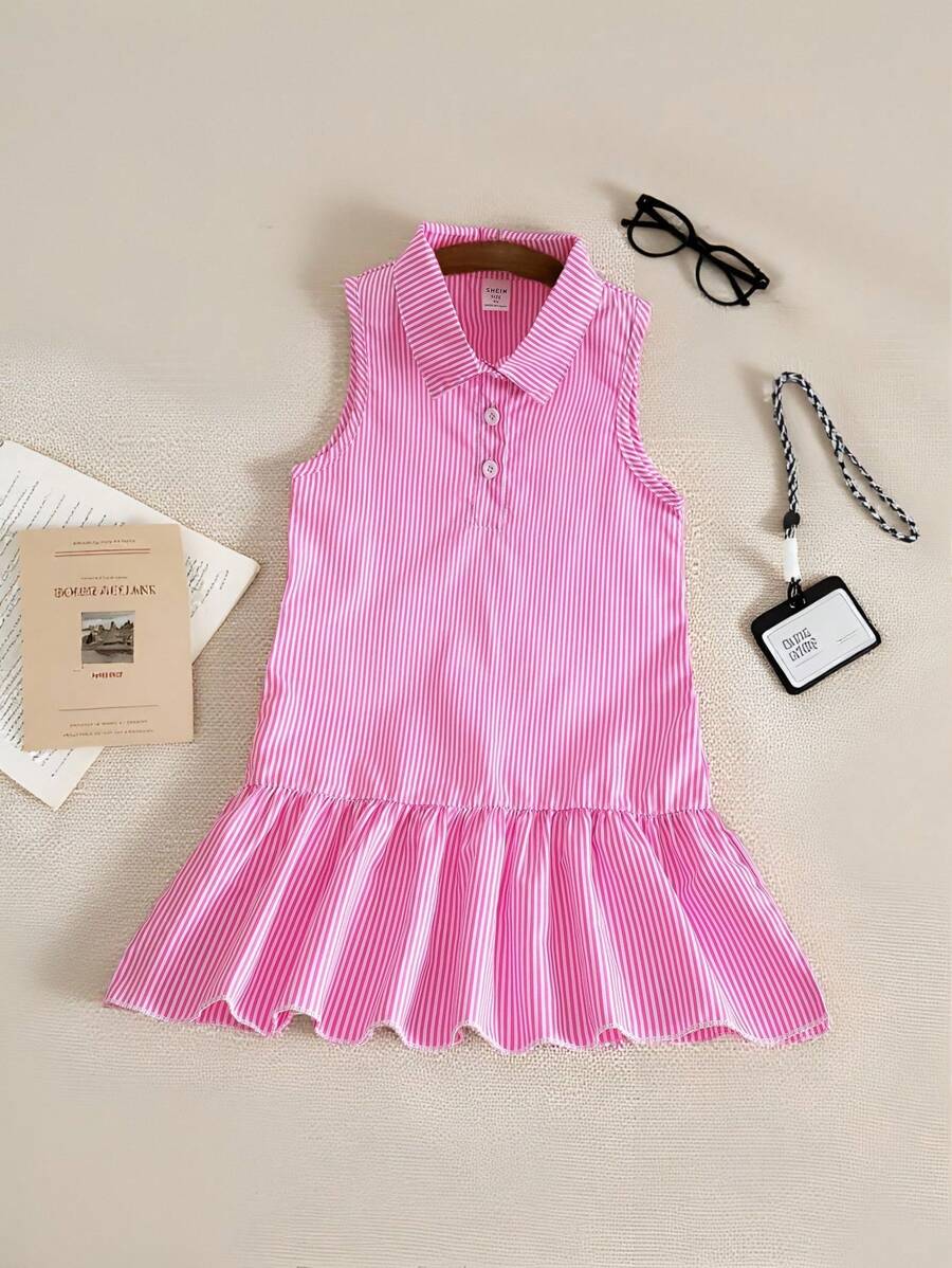 SHEIN Sleeveless Striped Shirt Detail Button Down Cute Fashion Casual Dress For Young Girls - Pink - View 1