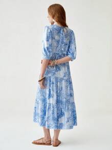 Florisole Damen Boho V-Ausschnitt Puffärmel Bindetaille locker sitzend blaues Muster Maxikleid, Frühling/Sommer - Blau - Übersicht 4