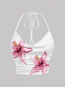SHEIN EZwear Bluză casual cu imprimeu floral și decolteu scurt, top versatil care flatează silueta, potrivit pentru vară, plajă, festivaluri de muzică