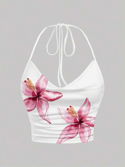 SHEIN EZwear Blusa holgada de cuello halter con lazo y estampado floral, una versátil y favorecedora parte superior apta para el verano, la playa y festivales de música
