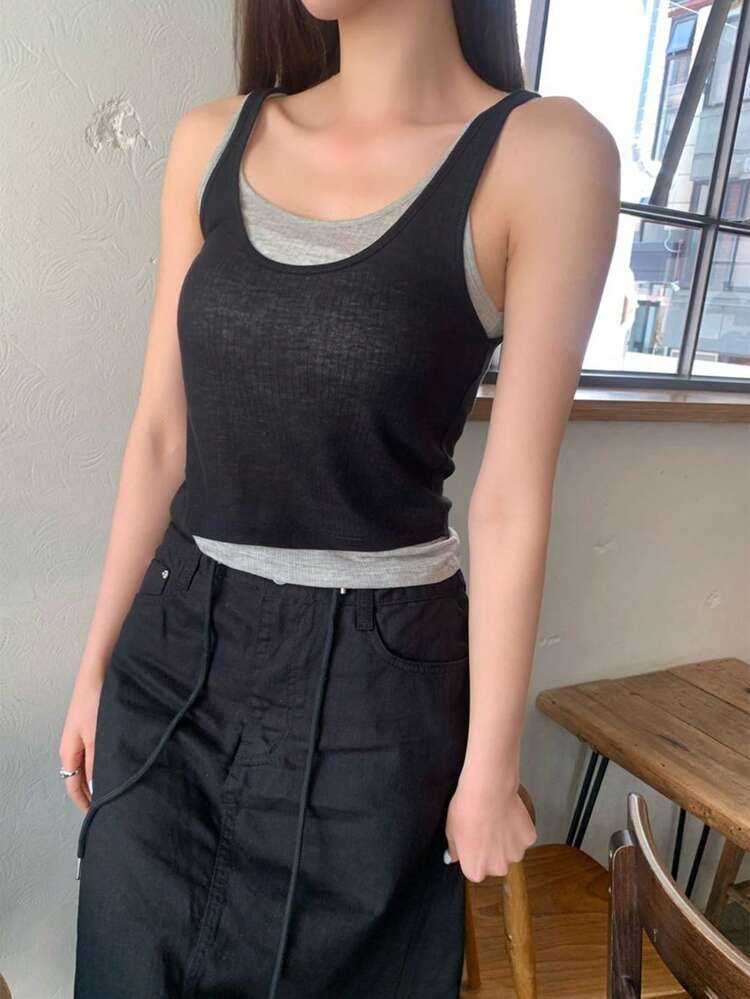 Women's Color Block Patchwork 2 In 1 Crew Neck Fitted Black Tank Top, Spring/Summer