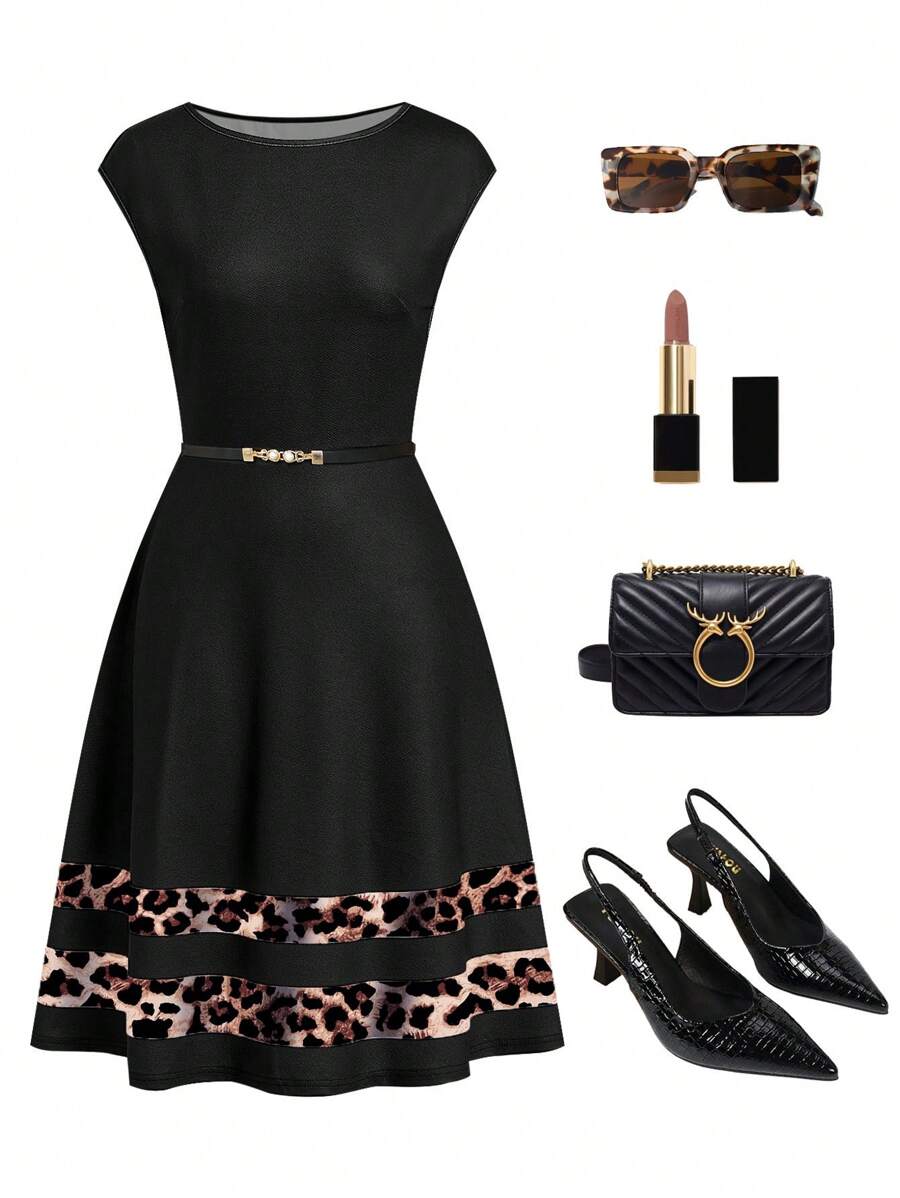 Ellevyn 女士条纹豹纹圆领休闲通勤连衣裙，夏季 - 彩色 - 查看 1