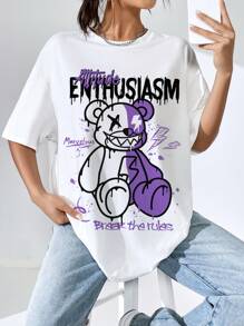 SHEIN EZwear 休闲街头图案字母和卡通熊印花宽松落肩短袖T恤女款，适合夏季 - 白色 - 查看 6