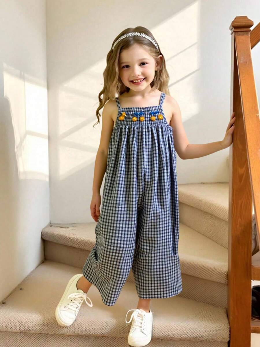 SHEIN Elladie kids Young Girl Plaid Cherry Embroidered Wide Leg Jumpsuit With Suspenders - Multicolor - View 1