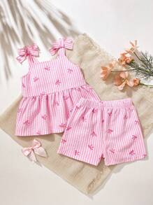 SHEIN Vintaside Kids 2 Pcs Baby Girl Toddler/Newborn 0-3Y Casual Daily Cute Vacation Striped Bow Tank Top + Shorts Set, Spring/Summer - Pink - View 2