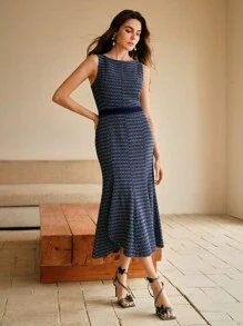 Anewsta Vestido jeans jacquard elegante, sem mangas, midi, justo e moderno para mulheres, adequado para primavera/verão, Páscoa, festivais, feriados e férias - Azul - Ver 4