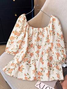 Franclia 大码女式提花数码印花无领半袖休闲度假浪漫风格衬衫 - 杏色 - 查看 2