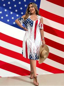 SHEIN LUNE Plus Size Star & Stripe American Flag Pattern Lace Trim Short Sleeve Dress, Spring/Summer - White - View 6