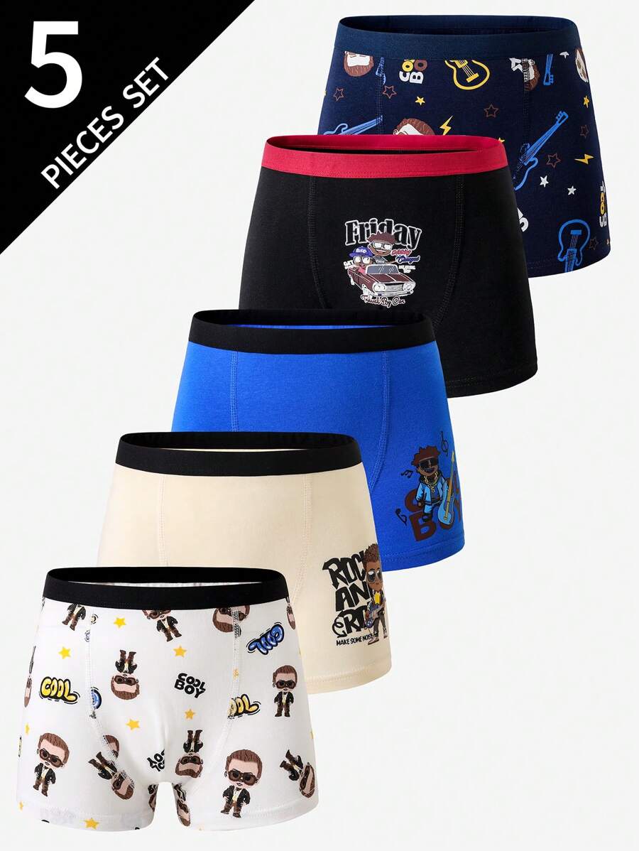5pcs/Pack Boy's Colorful Hip Hop Style Boxer Briefs Tween Boy Boxers Back To School Fashion - Multicolor - View 1
