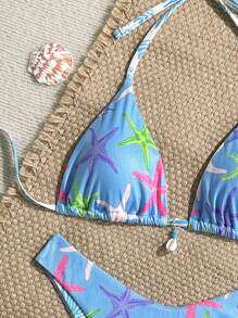 Swim Mod 2pcs Summer Holiday Random Prints Ribbed Texture Seashell Decor Triangle Top And High Cut Bottoms Sexy Bikini Set