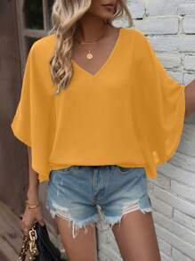 EMERY ROSE Camisa casual holgada para mujer de verano, de unicolor, con cuello en V y mangas tipo murciélago - Amarillo - Ver 5