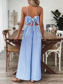 Breezaya Women's Casual Sleeveless Backless Loose Floral Jumpsuit, Spring/Summer - Blue and White - View 2