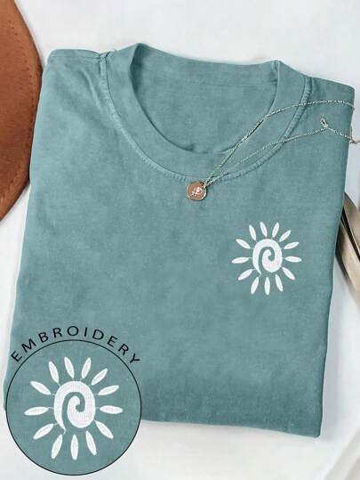 Women's T-Shirt/Sunflower Pattern Printing/Embroidery Craft/Women's Casual Loose Round Neck Top/Spring And Summer