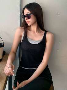 DAZY Women's Color Block Patchwork 2 In 1 Crew Neck Fitted Black Tank Top, Spring/Summer - Black - View 6