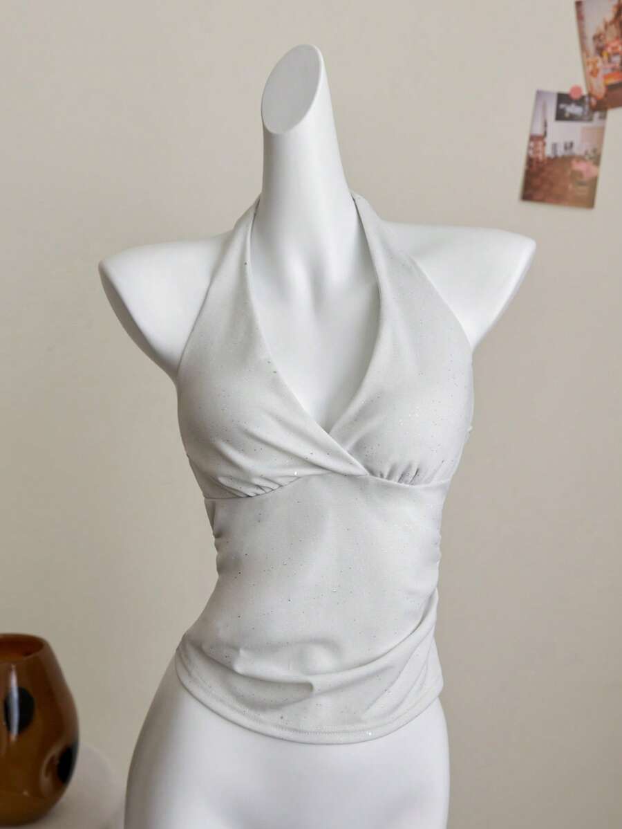 Elamini Sexy Halter Sparkle Tie-Up Tank Top, Fashionable Hot Lady Style - White - View 1