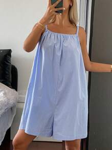 Livesso Simple Solid Color Open Back Loose Wide Leg Romper For Women Loungewear Pajama - Blue - View 6