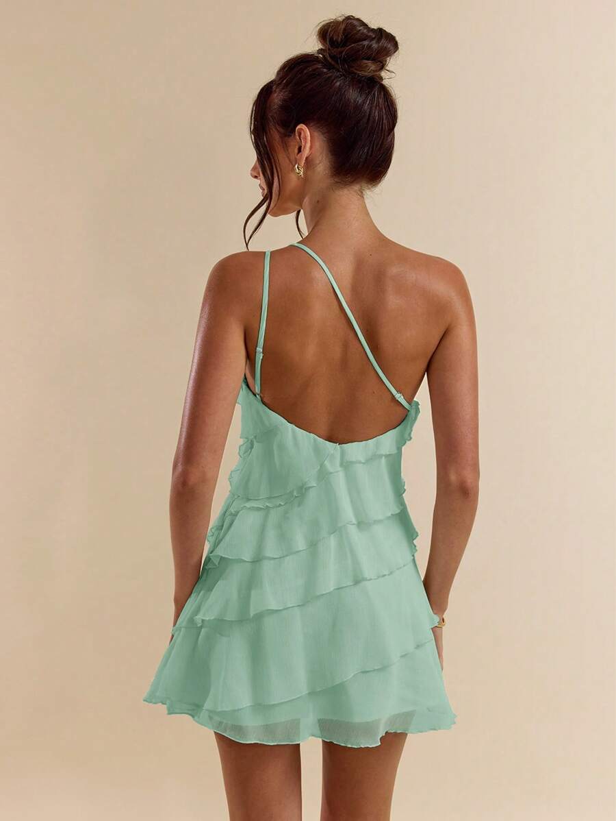 SHEIN BAE 夏季海滩度假纯色杏色分层荷叶蛋糕迷你连衣裙，适合日常约会、夜间外出、夜总会、派对、聚会、鸡尾酒会、泳池派对、返校季服装、学校季连衣裙、节日连衣裙、音乐节服装、乡村音乐节服装、演唱会服装 - 藍色 - 查看 1