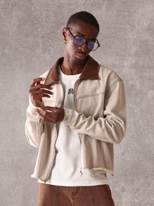 SUMWON 牛仔卡车司机夹克，灯芯绒领，休闲工作服，毛边下摆，拉链前襟，经典款式，秋冬外套，街头时尚 - 卡其色 - 查看 1