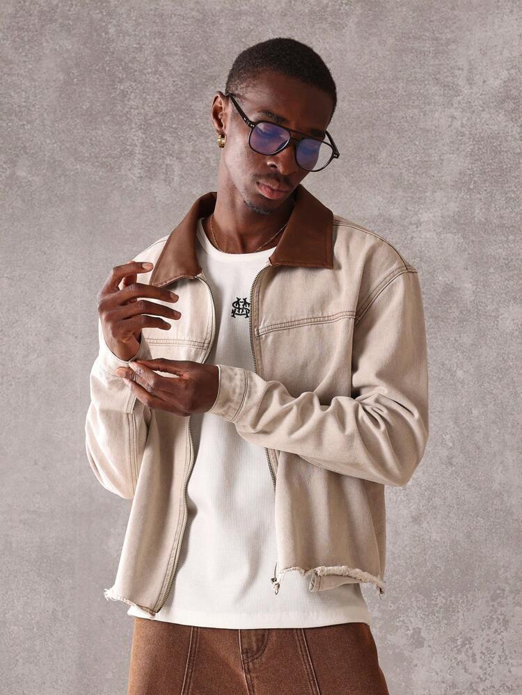 Zipper Front Denim Trucker Jacket With Corduroy Collar