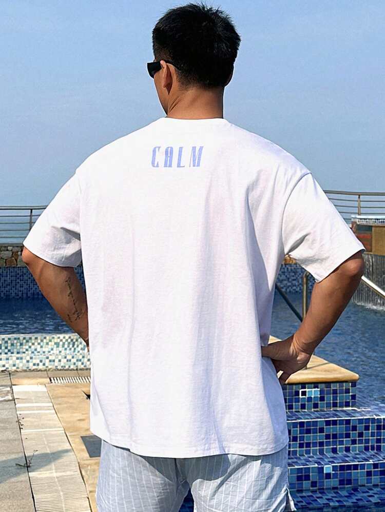 Men's Summer Letter & Palm Tree Graphic Print White Beach Holiday T-Shirt,Fall Clothes