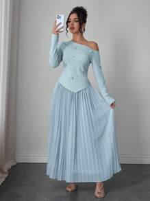 Modelyn 2件套女士套装：斜肩串珠花朵衬衫和褶皱雪纺裙，春夏 - 淺藍色 - 查看 6