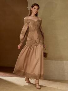 MOTF PREMIUM CONTRAST LACE ZIPPER DRESS - Khaki - View 2