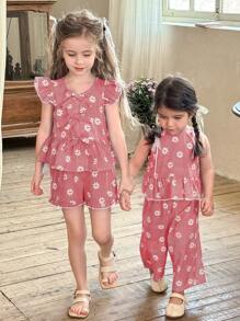 LMoss Kids LMoss 2 件女童休闲条纹雪纺衬衫搭配短裤套装，适合春夏季 - 紅色 - 查看 4