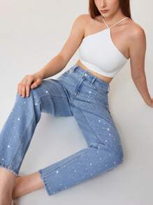 Selenza Washed Distressed Rhinestone Jeans, Casual Tapered Pants - Blue and White - View 10