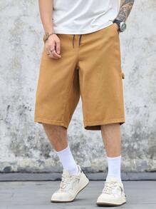 Manfinity Homme Pantalones cortos holgados de cintura ancha, de longitud media, con bolsillo y cordón, de denim - Amarillo Mostaza - Ver 4