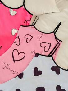 SweetSlumber 3pcs/Set Heart Print Camisole Nightgown Set, Fashionable For Summer Pink Pajamas  Cozy And Elegant Details - Multicolor - View 3