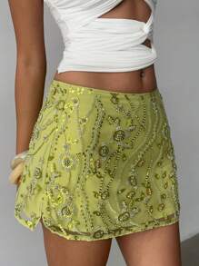 Aloruh 女士性感优雅低腰亮片串珠刺绣喇叭形 A 字迷你裙，适合女性约会、女性夜生活、俱乐部性感