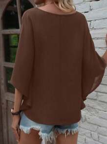 EMERY ROSE Women's Solid V-Neck Batwing Sleeve Loose Casual Fall Blouse Top - Brown - View 2