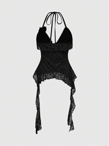 ROMWE Goth Áo hai dây ren bất đối xứng cho kỳ nghỉ lãng mạn - màu đen - Xem 2