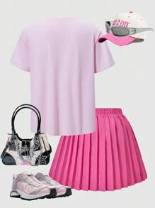 SHEIN ChillGRL 2pcs/Set Tween Girl Printed Top And Pleated Mini Skirt Set - Hot Pink - View 2