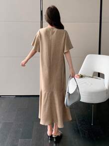 DAZY Plain V-Neck Ruffle-Trim Mid-Length Dress For Women Maxi Dress - Apricot - View 2