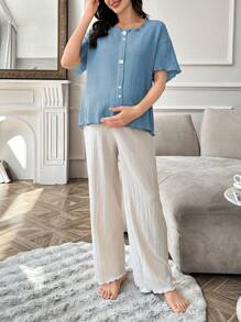Solid Color Asymmetrical Button Short Sleeve & Pants Maternity Pajama Set