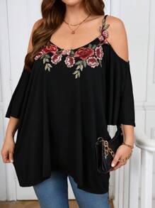 SHEIN Clasi 加大码花卉刺绣吊带夏季休闲度假T恤