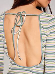 MUSERA Boat Neck Extreme Scoop Back Striped Fitted Flared Long Sleeve Mini Dress Summer Cute Vacation Ibiza Western Holiday Airport Outfit Winter Evening - Yellow - View 2