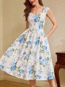 Vintamour 复古优雅花卉印花无袖心形领口吊带A字连衣裙，带口袋，及膝情人节情人节服装女士度假服装女士夏季服装女士白色连衣裙女士白色连衣裙女士生日礼服情人节礼服情人节舞会礼服女士礼服优雅女士生日服装女士婚礼宾客礼服女士教堂服装女士情人节礼服女士派对礼服 - 淺藍色 - 查看 1