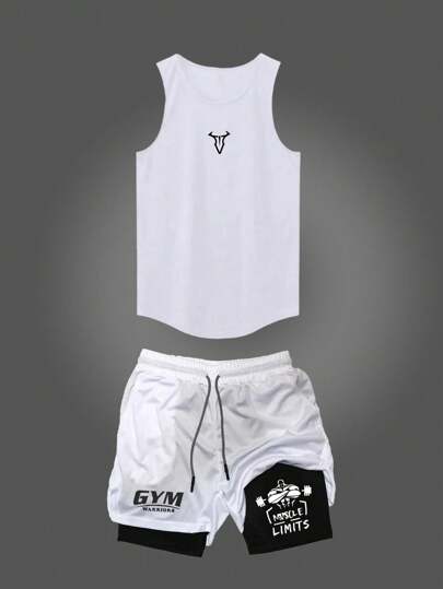 Manfinity Sport Corelite Men's Graphic Print Round Neck Tank Top And Letter Print Drawstring Waist Shorts 2-Piece Activewear Set Workout Clothes Running Sets